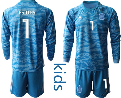 Spain #1 Casillas Blue Long Sleeves Goalkeeper Kid Soccer Country Jersey